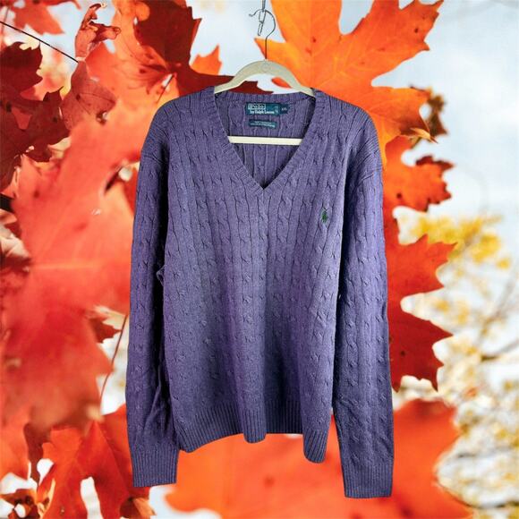 Polo Ralph Lauren Men's XXL Purple 100% Tussah Silk Cable Knit V Neck Sweater - Picture 1 of 7